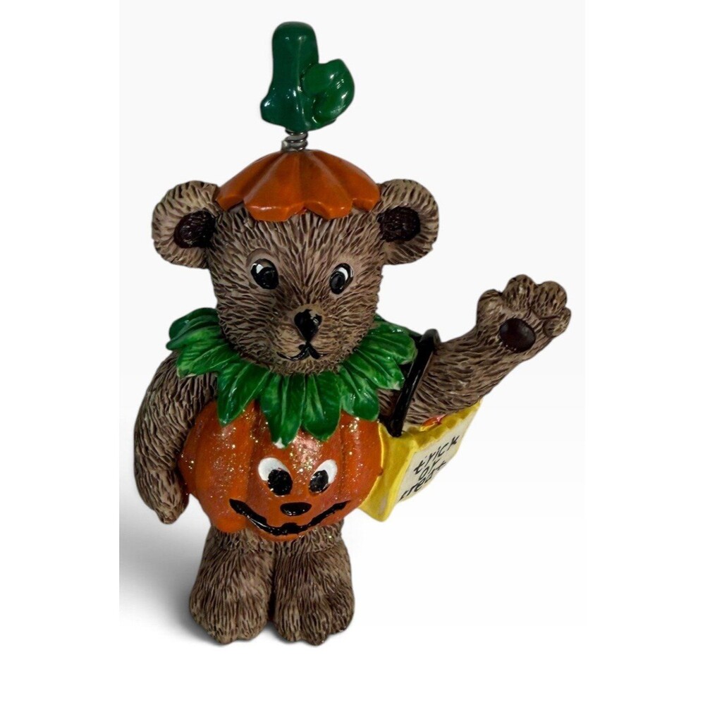 Resin Teddy Bear Pumpkin Jack-o-Lantern 4" Hanging Ornament Halloween Candy Bag